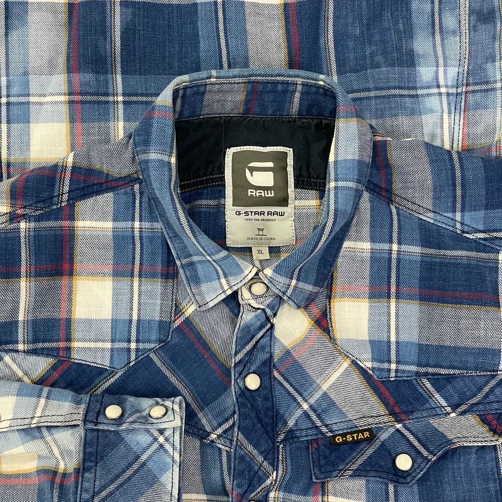 G-STAR RAW Snap Shirt Mens XL Blue Tailor Check L/S Flannel Button Up Slim Fit